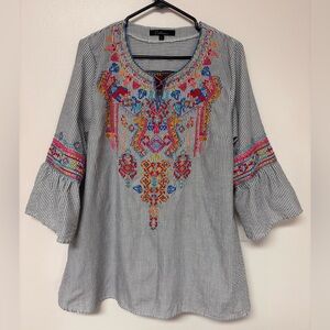 Calessa top embroidered stripes 100% cotton lagenlook artsy boho bohemian L